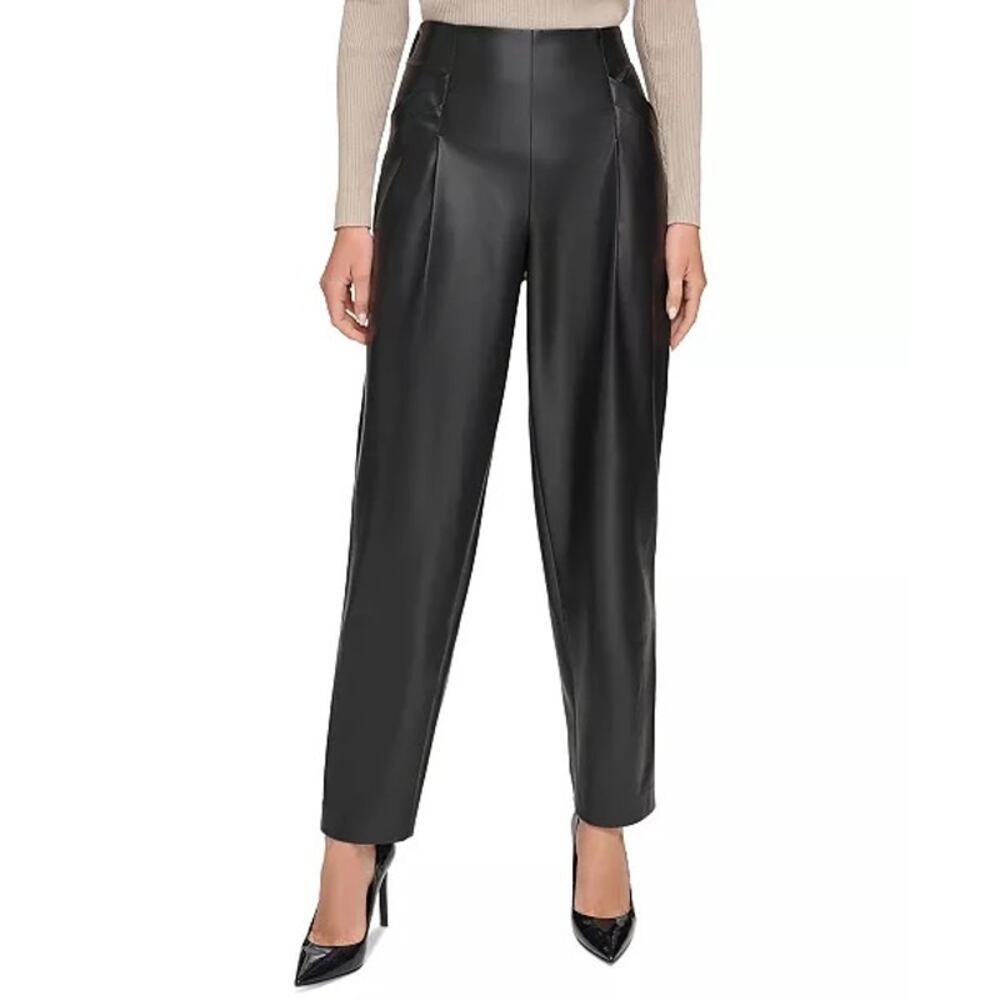 NEW DKNY Women's Large Black Faux Leather High Rise Taper‎ Leg Pants NWOT